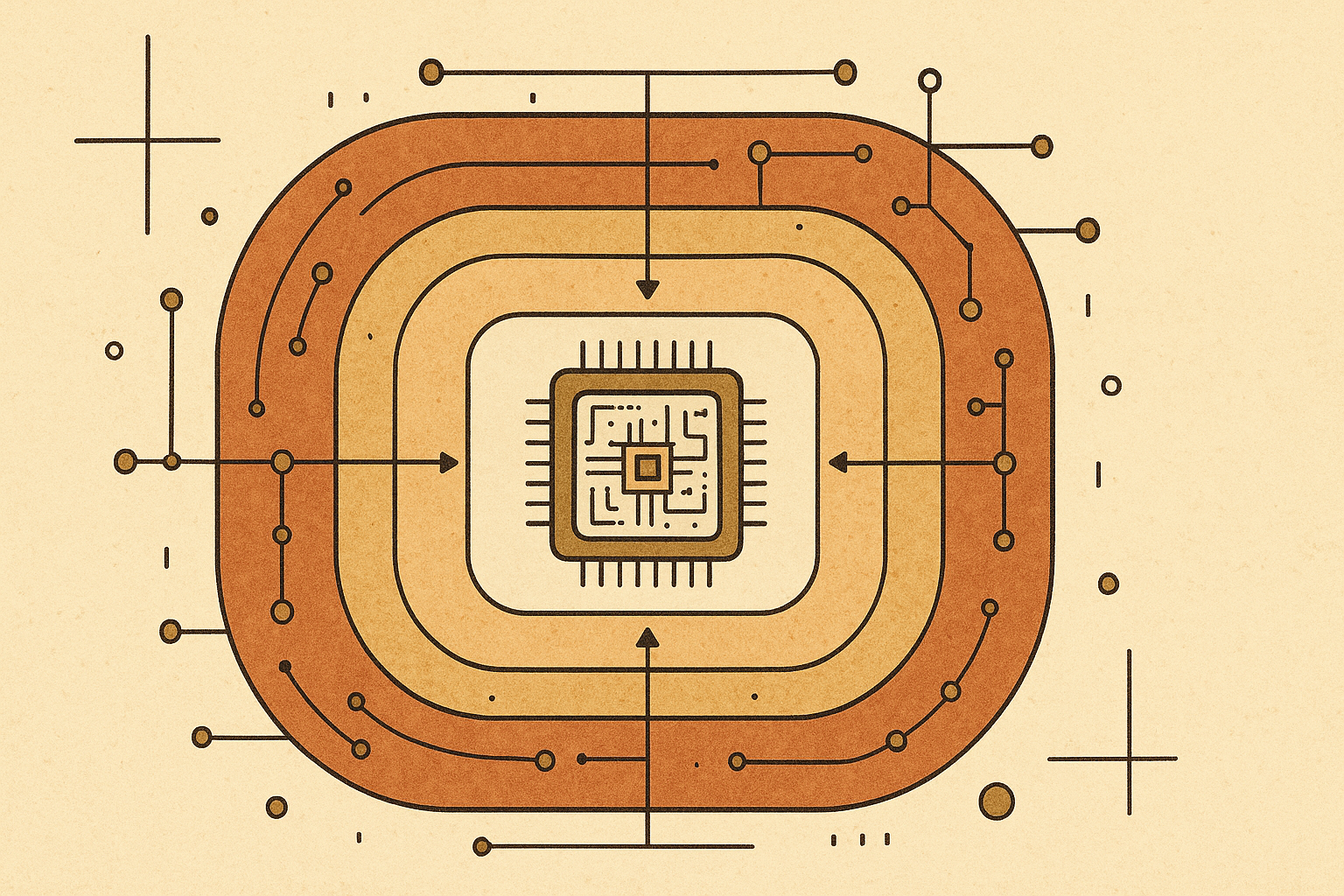 Crash Test Dev concept illustration: layered system architecture in warm editorial style